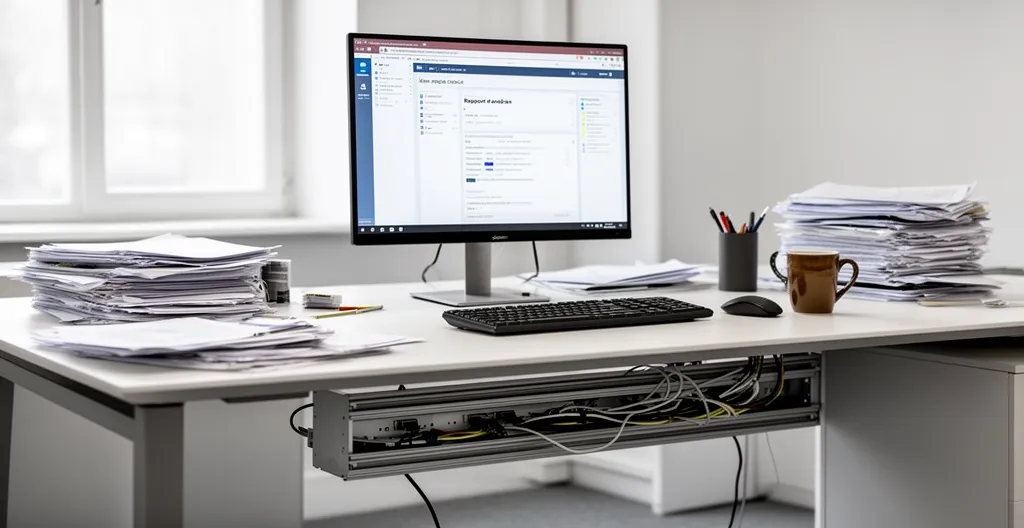 Bureau droit équipé avec goulotte technique et câbles organisés
