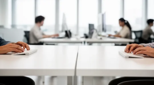 Espace de travail moderne avec bureaux droits blancs alignés et collaborateurs