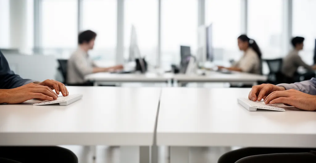 Espace de travail moderne avec bureaux droits blancs alignés et collaborateurs