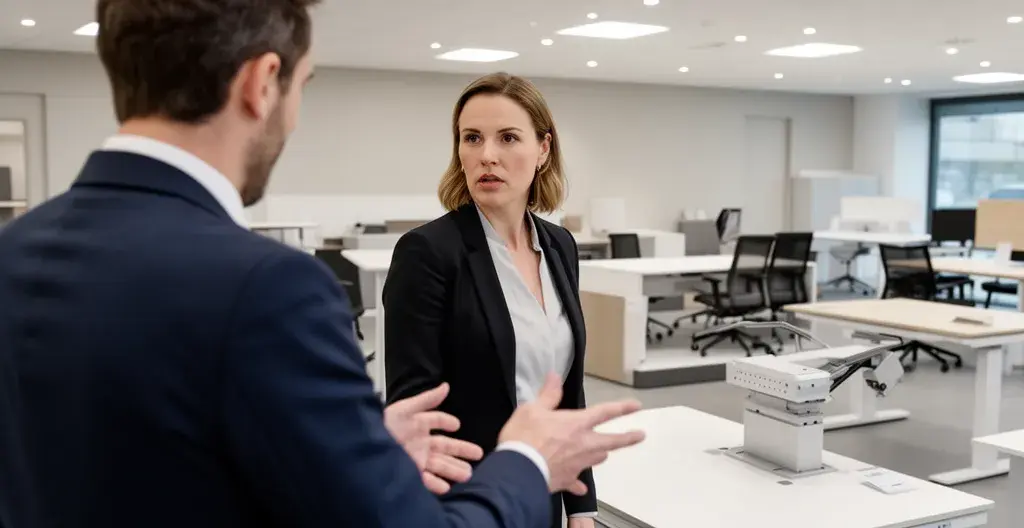 Conseiller expliquant les réglages d'un bureau ergonomique à une cliente en showroom Toulouse
