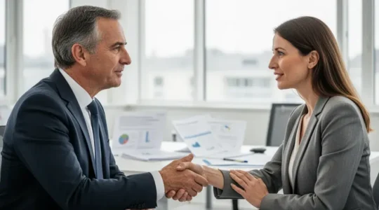 Dirigeant PME en discussion avec un conseiller en financement dans un bureau lumineux