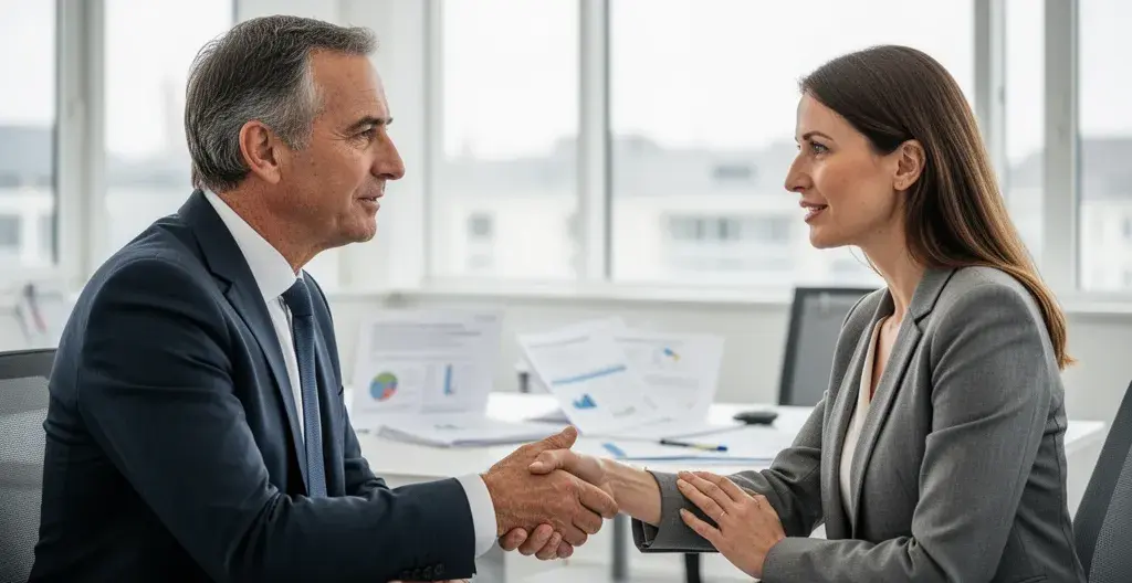 Dirigeant PME en discussion avec un conseiller en financement dans un bureau lumineux
