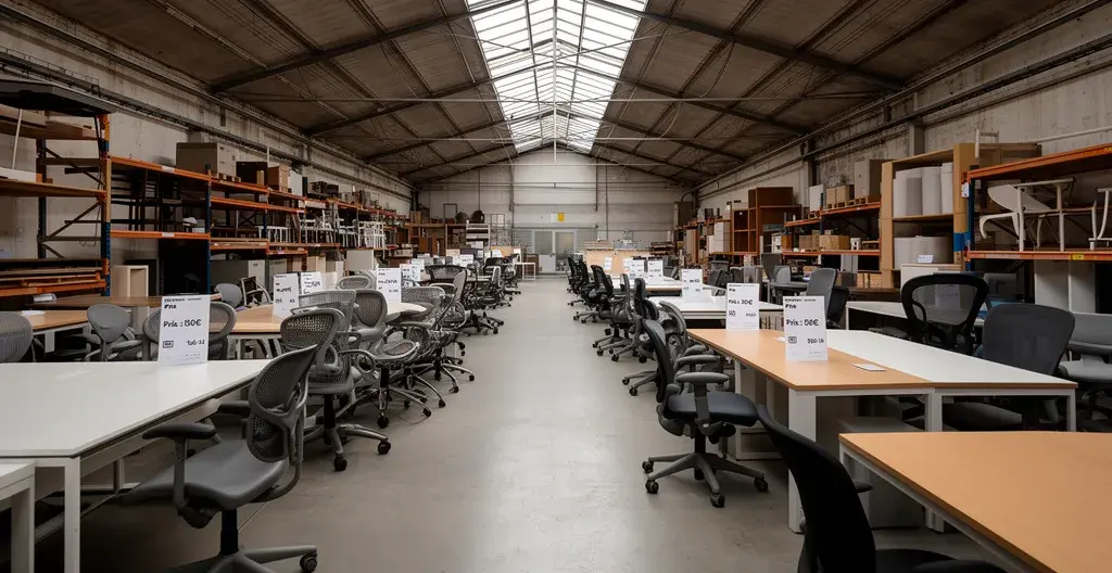Entrepôt de mobilier bureau reconditionné avec rangées de sièges ergonomiques et bureaux à Toulouse