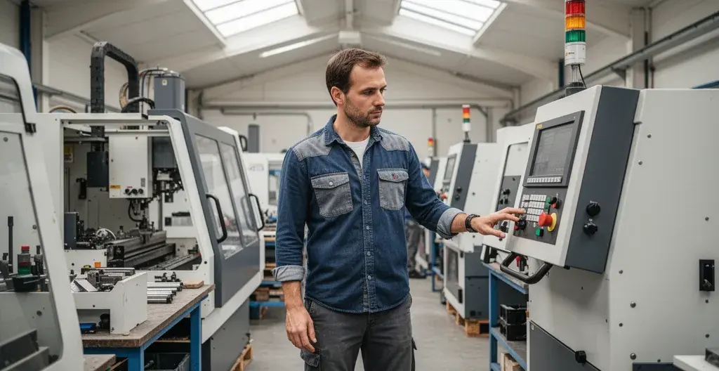 Entrepreneur inspectant un équipement industriel neuf pour financement PME