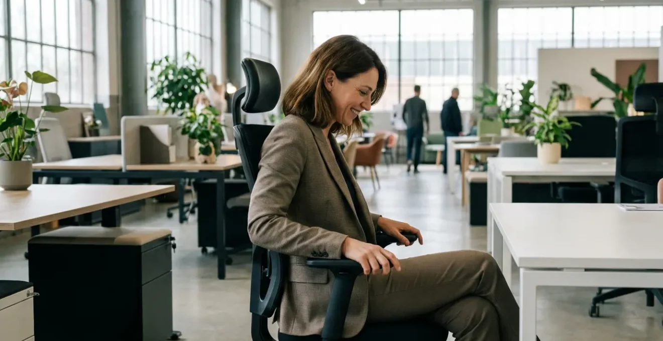 Entrepreneure testant un siège ergonomique dans un showroom de mobilier bureau à Toulouse