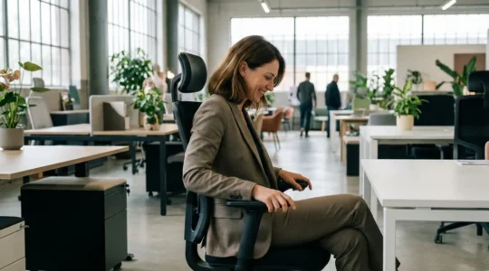 Entrepreneure testant un siège ergonomique dans un showroom de mobilier bureau à Toulouse