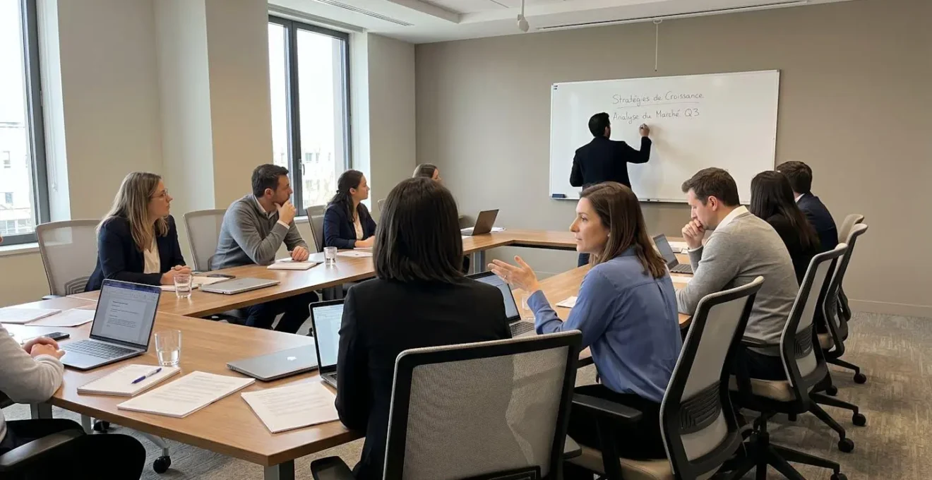 Groupe de professionnels en réunion autour d'une table en U, un intervenant debout anime la session avec tableau blanc visible