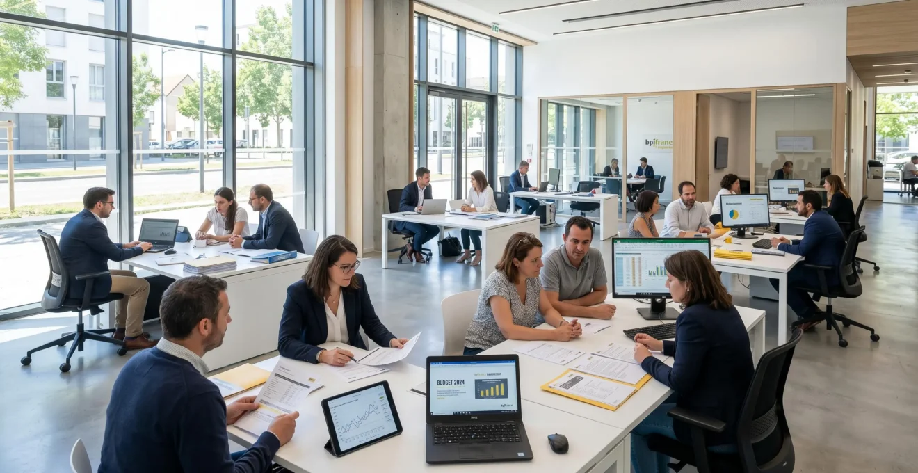 Bureau moderne d'une agence de financement public avec plusieurs conseillers accompagnant des dirigeants de PME dans leurs démarches de recherche d'aides