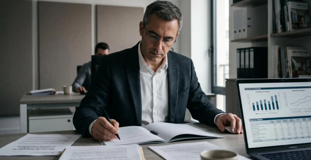 Consultant en financement public analysant un dossier client avec des données financières et graphiques de performance sur son écran d'ordinateur
