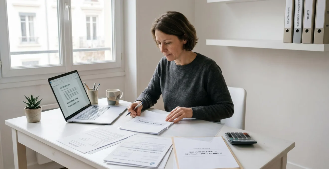 Dirigeant d'entreprise organisant les documents administratifs français nécessaires pour constituer un dossier de demande d'aide publique