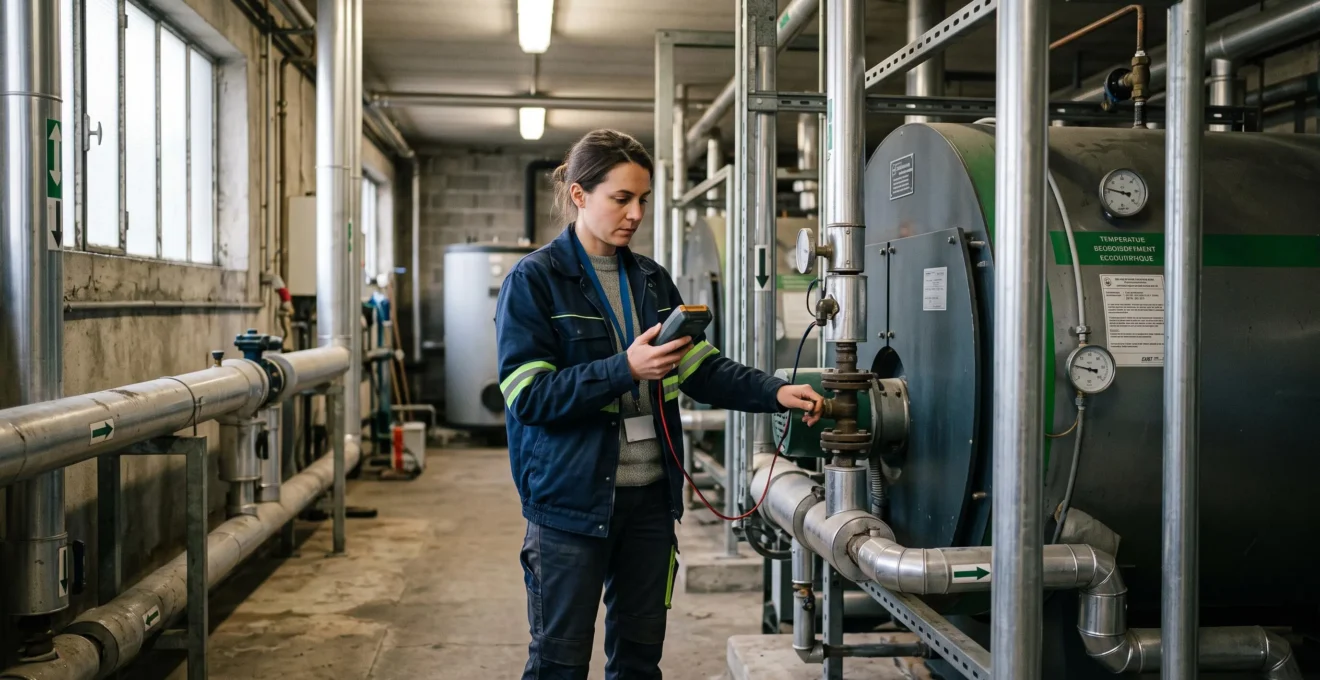 Consultant en durabilité réalisant un diagnostic carbone en inspectant une chaudière industrielle dans une PME française