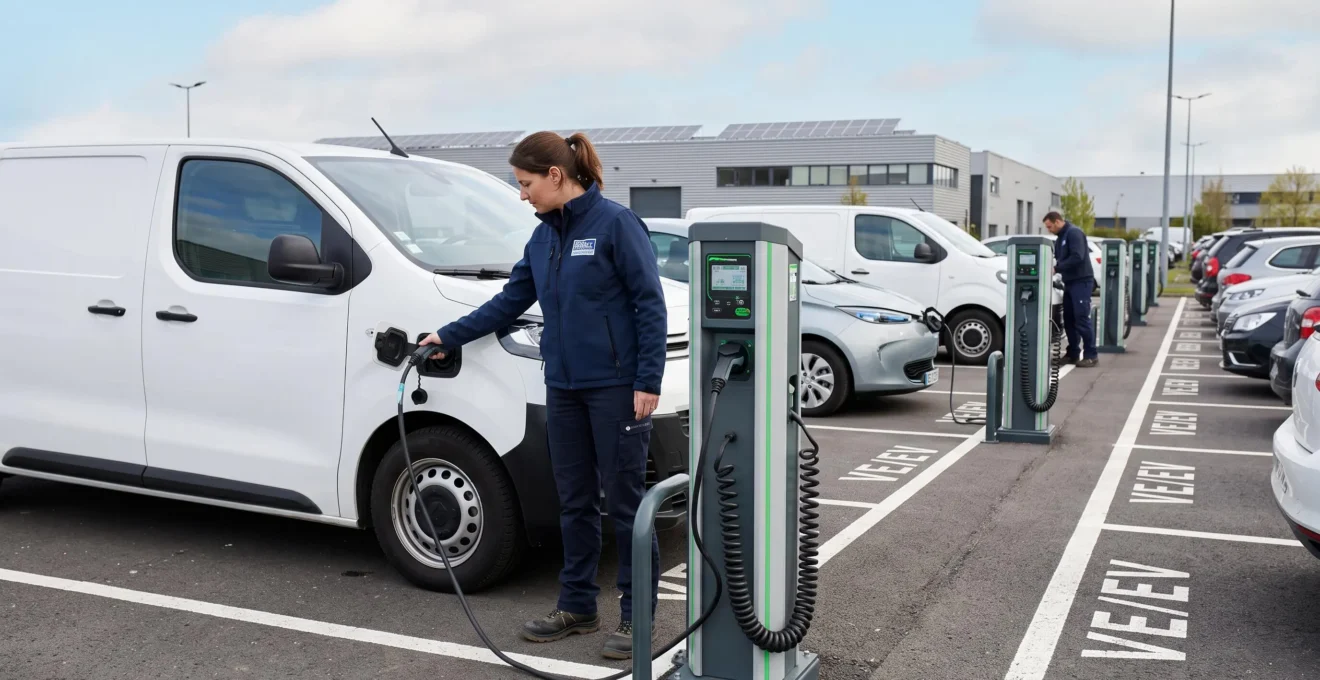 Gestionnaire de flotte contrôlant la recharge de véhicules électriques professionnels dans un parking d'entreprise français