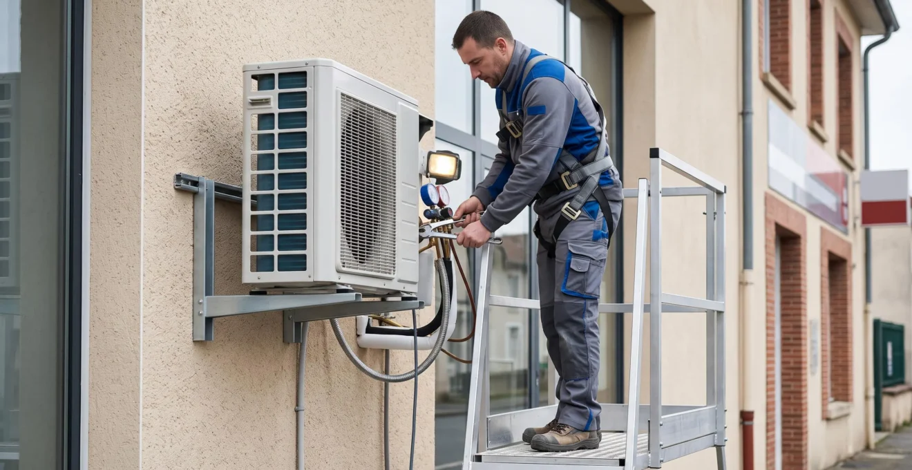 Technicien installant une pompe à chaleur performante sur la façade d'un bâtiment commercial français