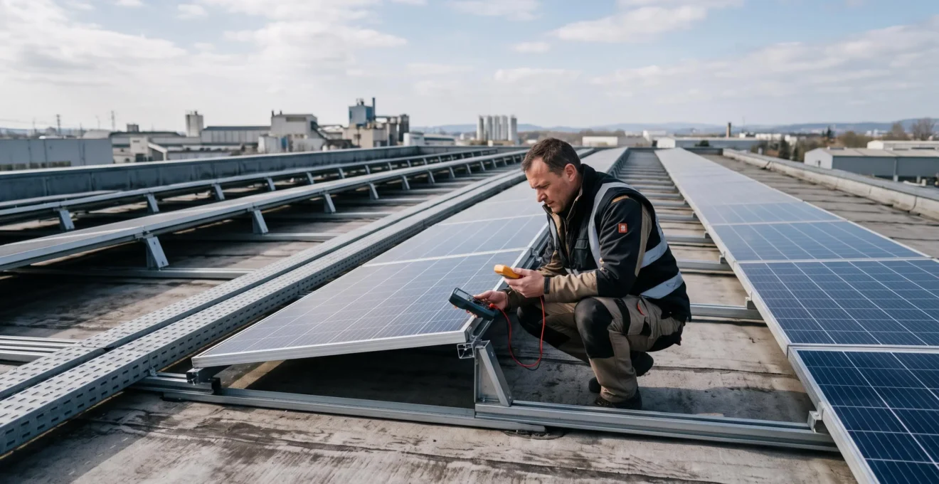 Technicien inspectant des panneaux solaires photovoltaïques sur le toit d'un bâtiment industriel français